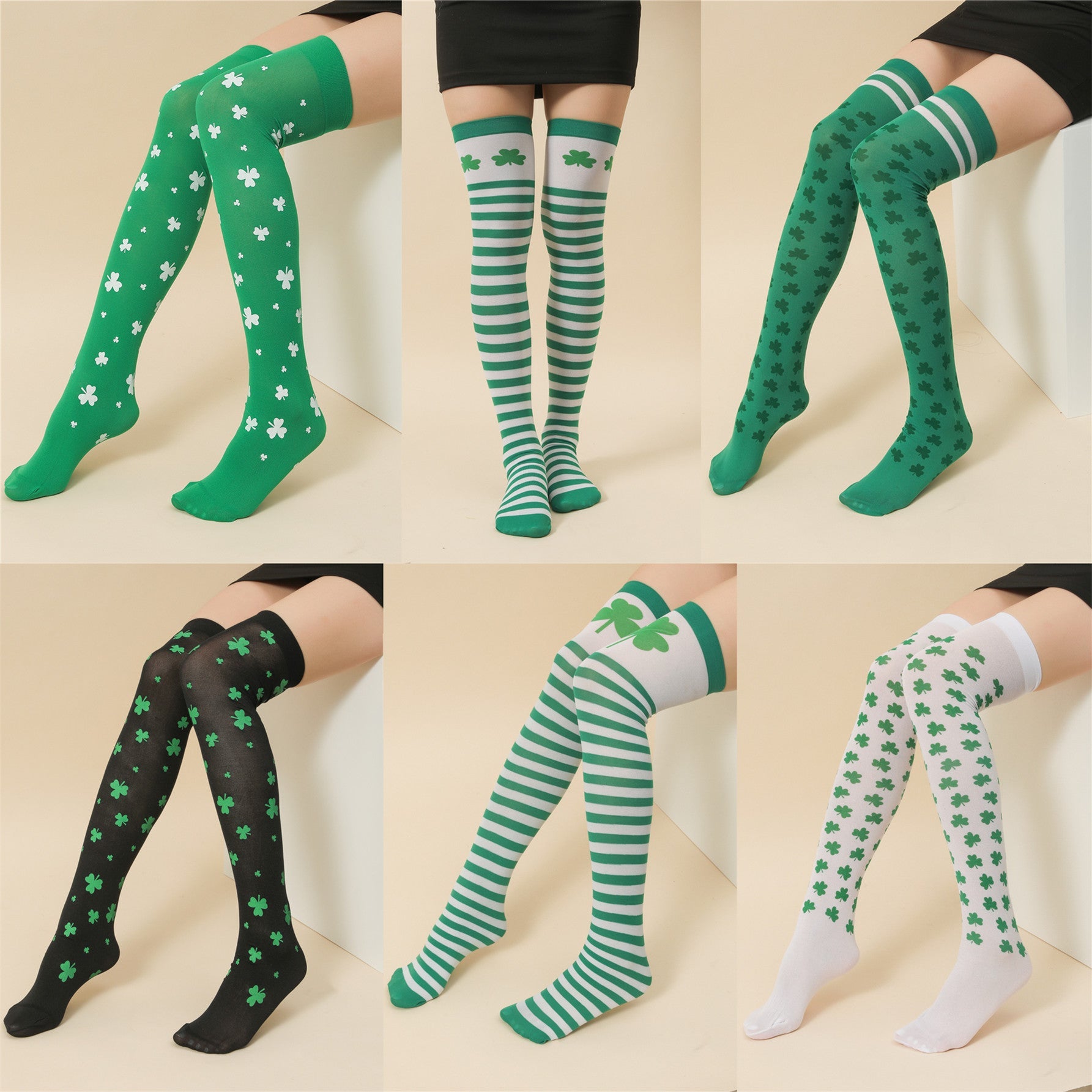 Irish Festival Green Trefoil Stockings Over the Knee Socks St Patrick's Day Party Striped Socks - Korvel