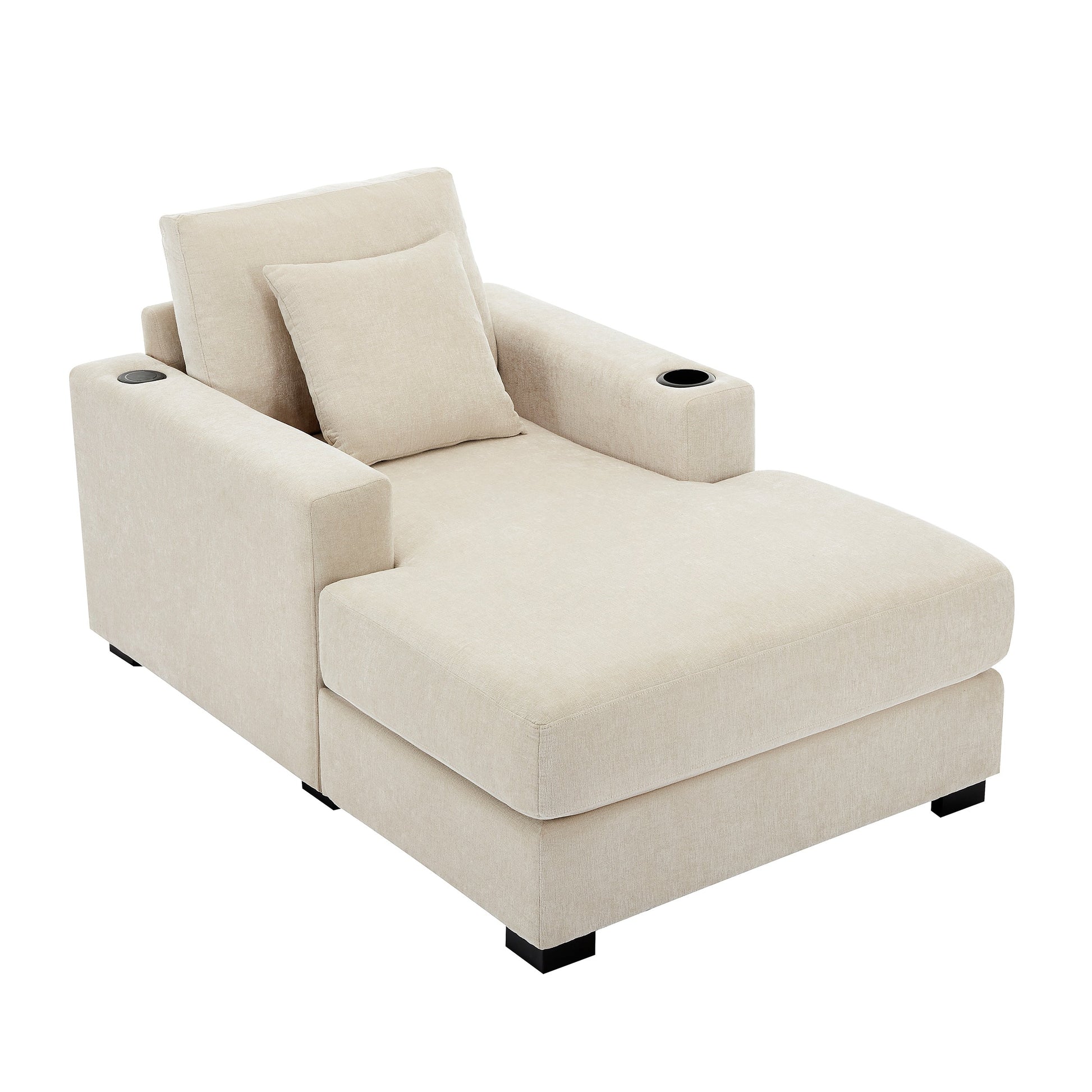 39.7" Oversized Chaise Lounger Modern Style Sofa Couch ,with Pillows, Charge Station & Cup Holders, Chenille Fabric, Cream - Korvel