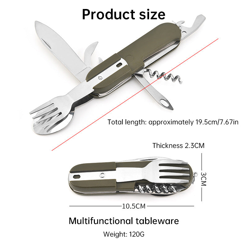 7-in-1 multifunctional stainless steel foldable outdoor camp tableware: fork, spoon, knife. Survival tools for picnic, camping. - Korvel
