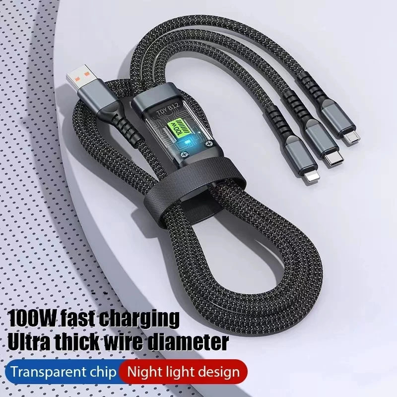 3-in-1 USB 100W Cable for Fast Charging and Data Transfer