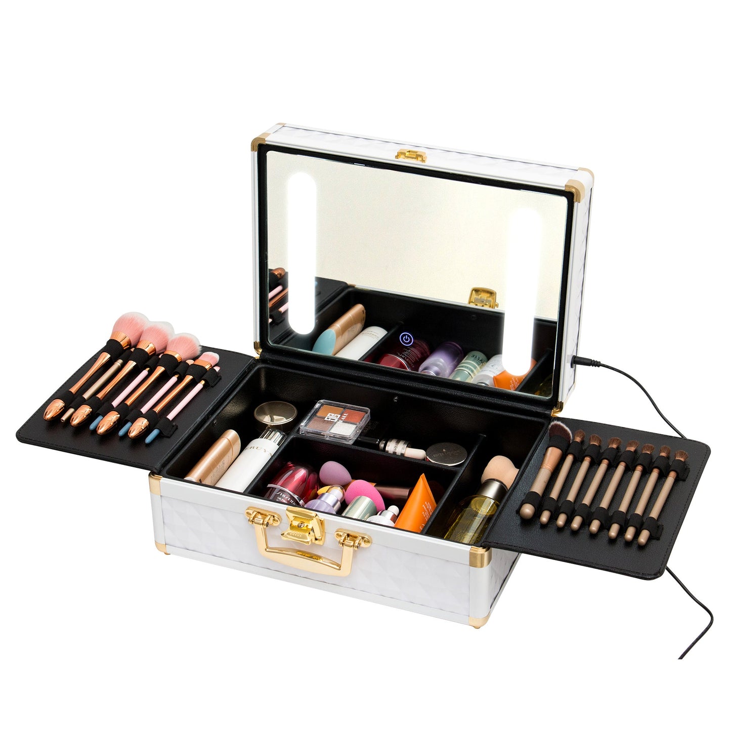 Portable makeup case, travel makeup bag with LED mirror, locked makeup storage box, brush holder, divider, rechargeable, white - Korvel