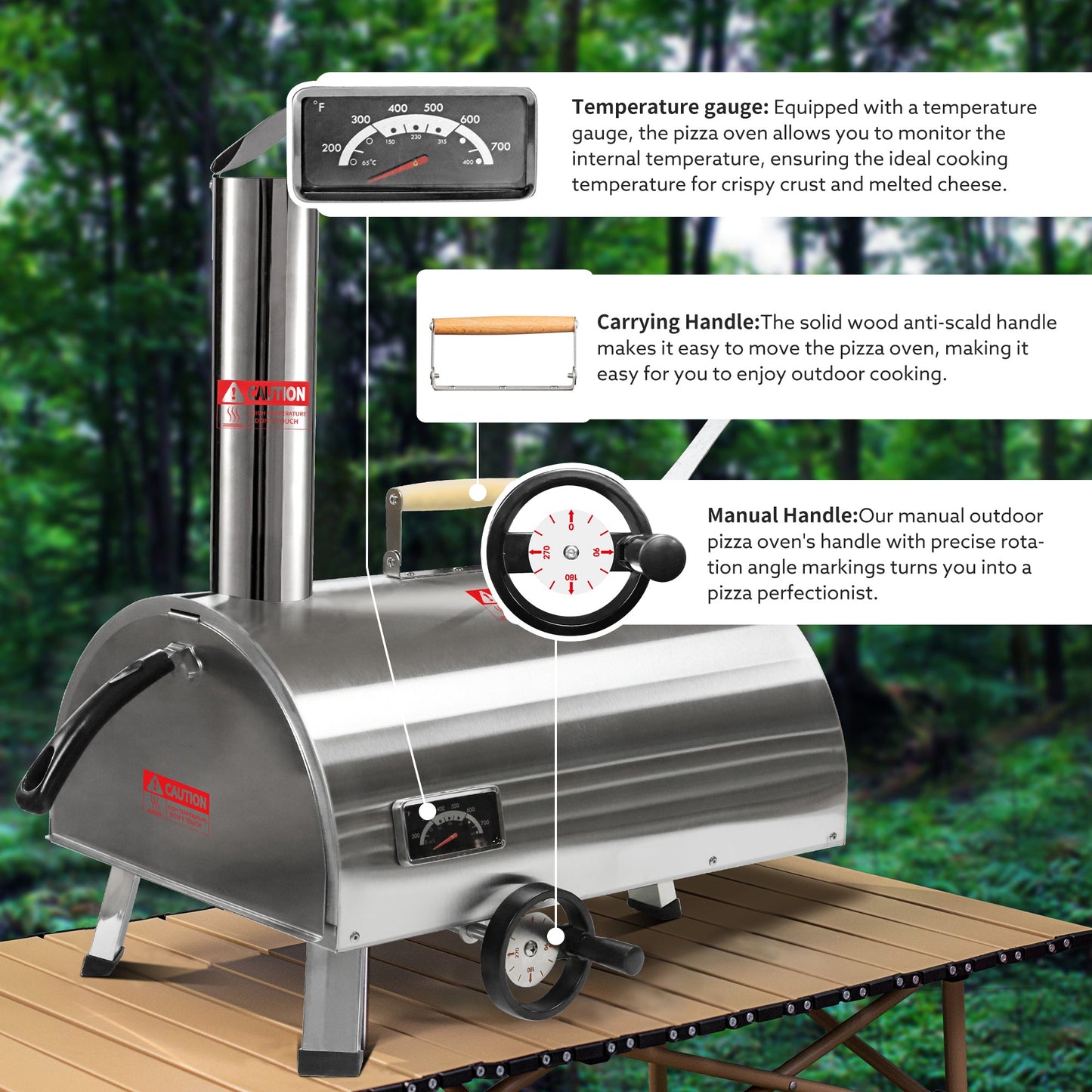 Silver Pizza Oven Outdoor 12" Semi-Automatic Rotatable Pizza Ovens Portable Stainless Steel - Korvel