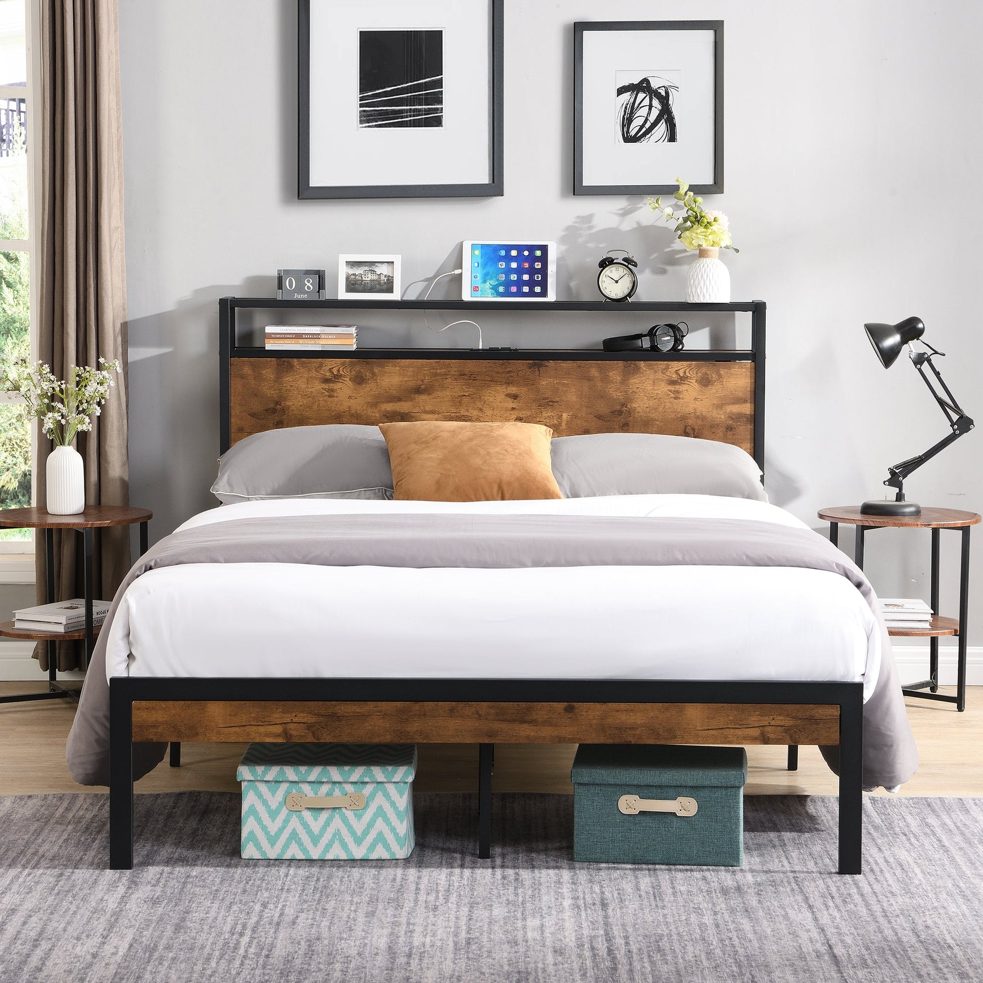 Queen Size Metal Platform Bed Frame with Wooden Headboard and Footboard with USB LINER - Korvel