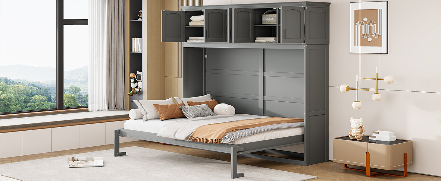 Full Size Murphy Bed Wall Bed with Top Cabinets,Gray - Korvel