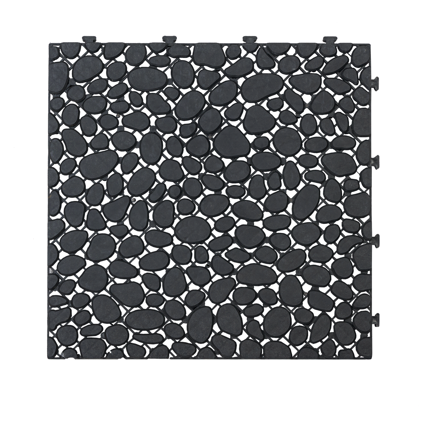 12 x 12 inch black interlocking deck tiles, plastic waterproofing, pebble pattern, pack of 12 - Korvel