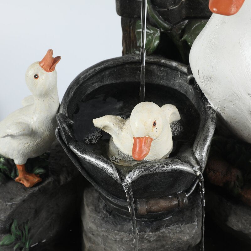 Solar resin duck garden fountain with LED squirrel design, outdoor decor (E2). - Korvel