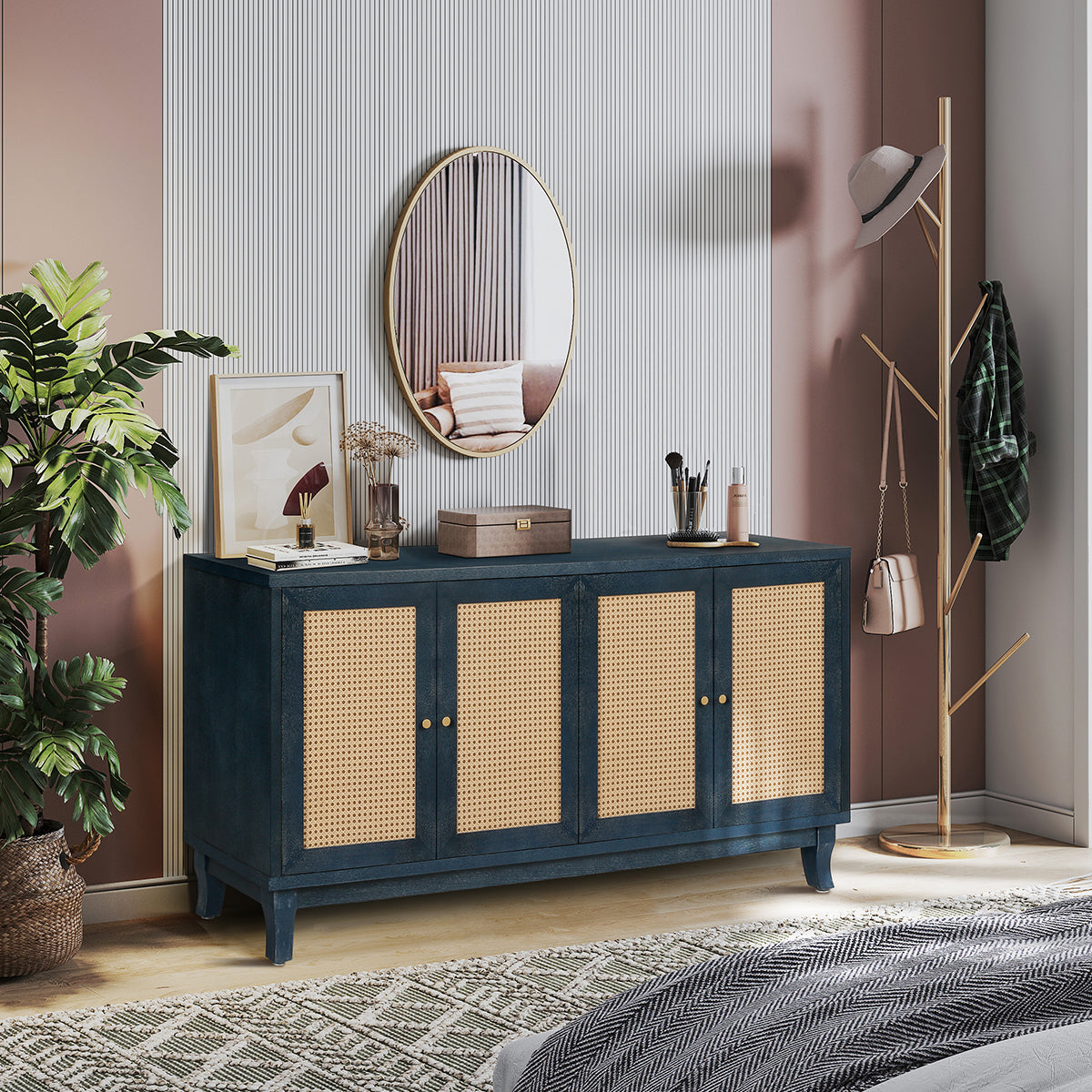 Handcrafted Premium Grain Panels Rattan Sideboard Buffer Cabinet Accent Storage Cabinet With 4 Rattan Doors BLUE - Korvel