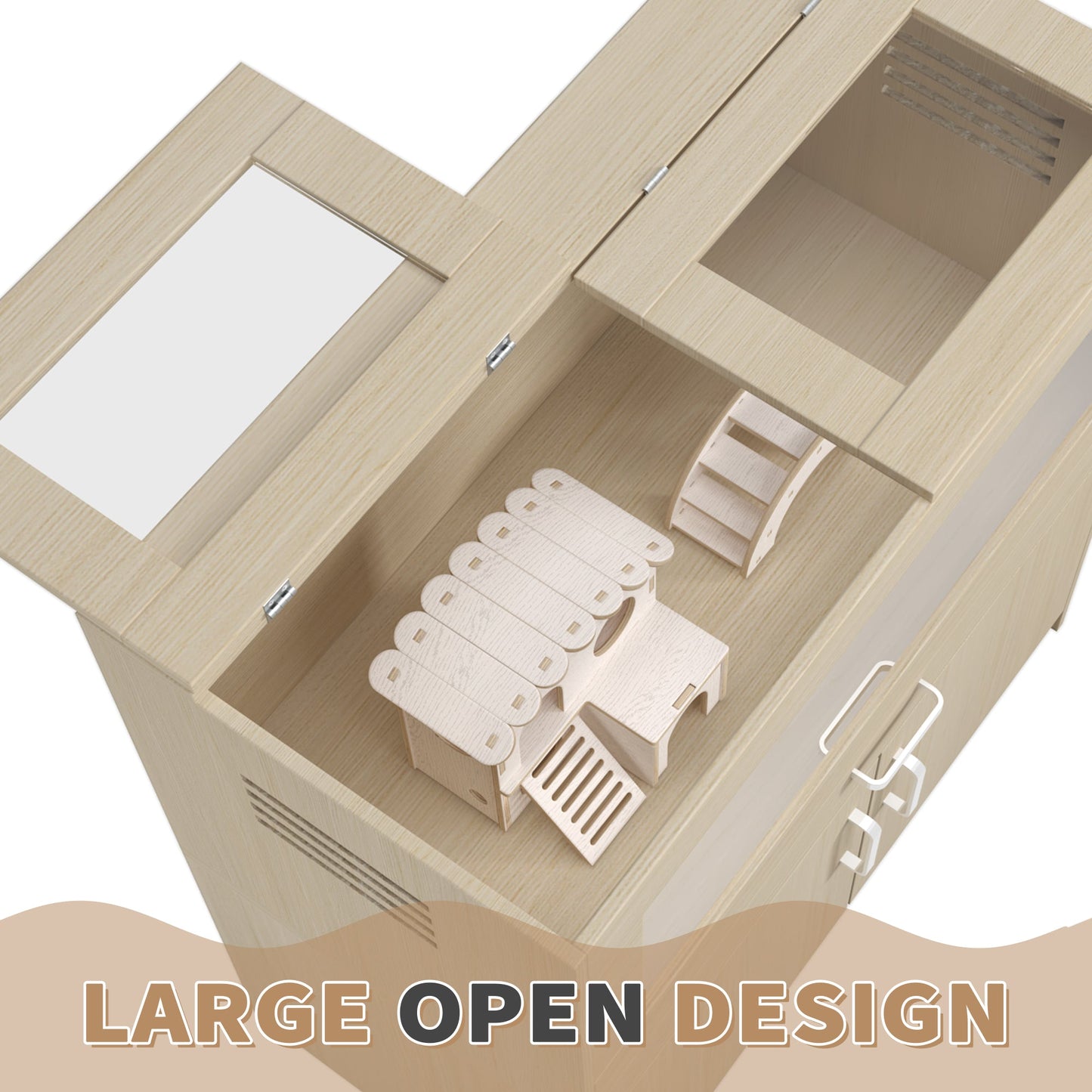 Squirrel cage acrylic panel with independent storage cabinet and wooden guinea pig room with bridge (L 31.50 x W 15.75 x H32.28) - Korvel