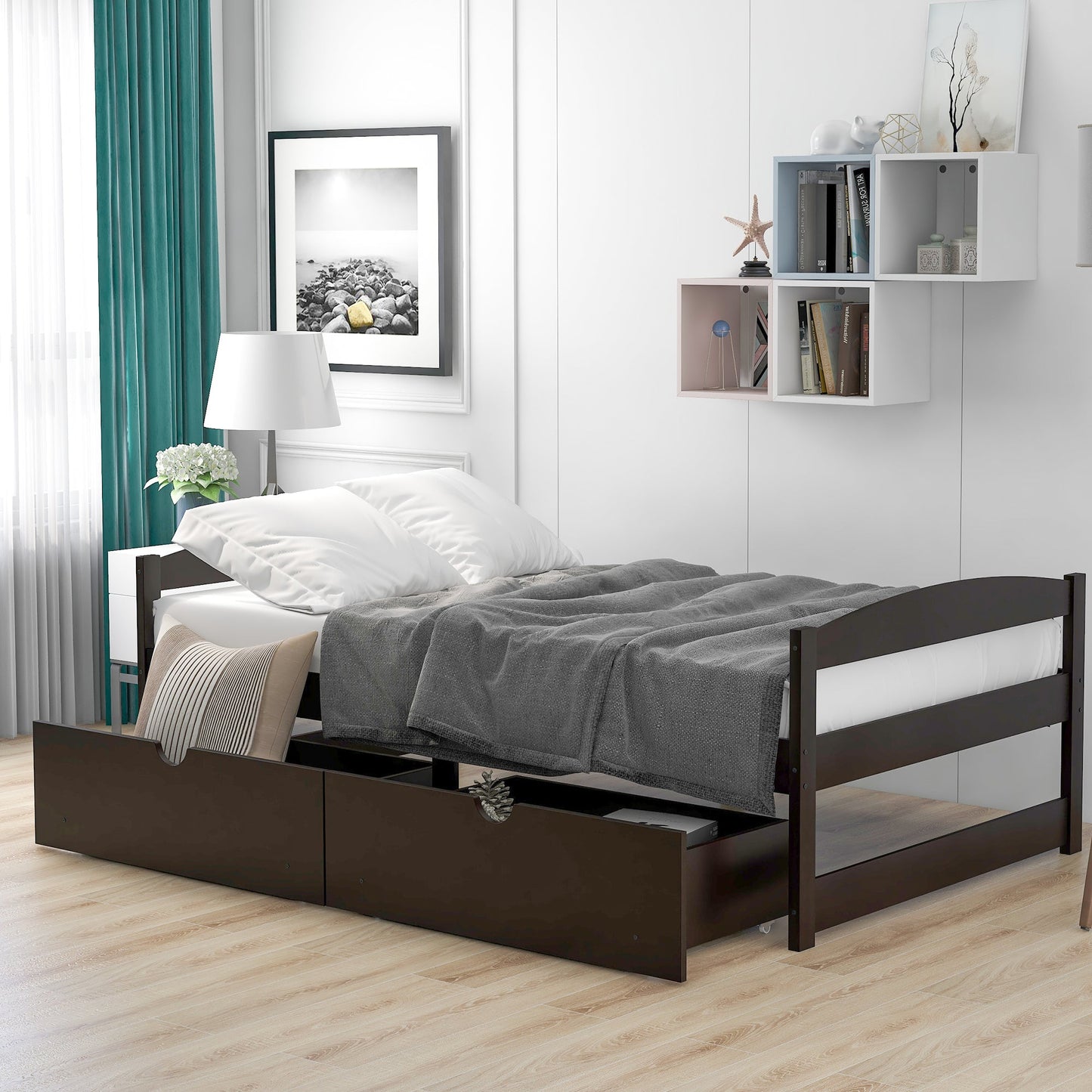 Espresso Twin Size Platform Bed with Two Drawers