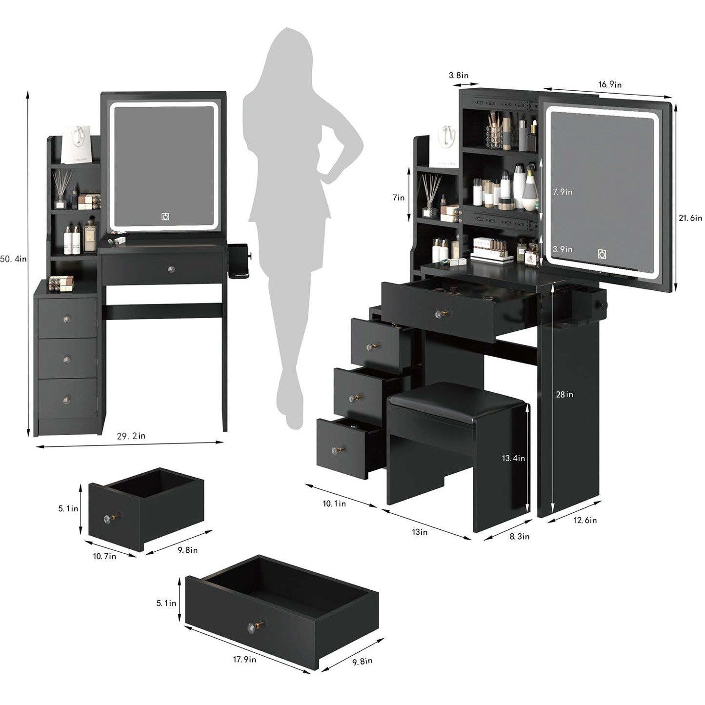 Elegant Dressing Table with Cushioned Stool and LED Mirror