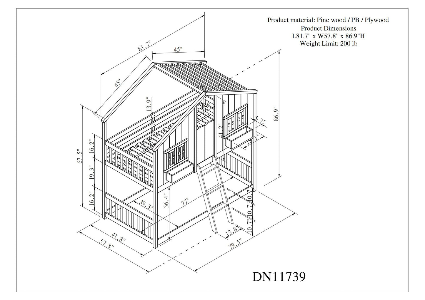 Twin over Twin House Bunk Bed with Roof , Window, Window Box, Door , with Safety Guardrails and Ladder, Grey - Korvel