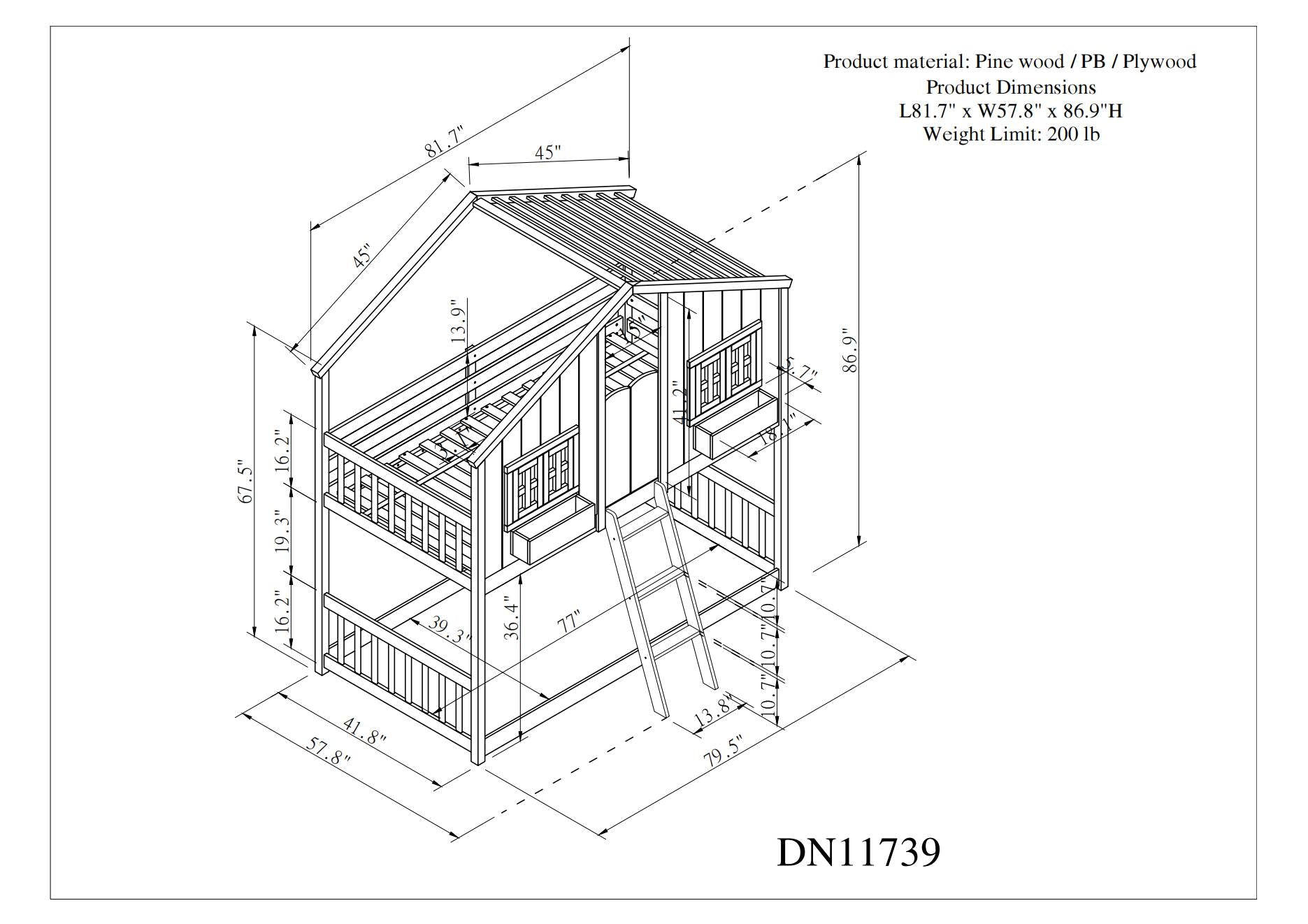 Twin over Twin House Bunk Bed with Roof , Window, Window Box, Door , with Safety Guardrails and Ladder, Grey - Korvel