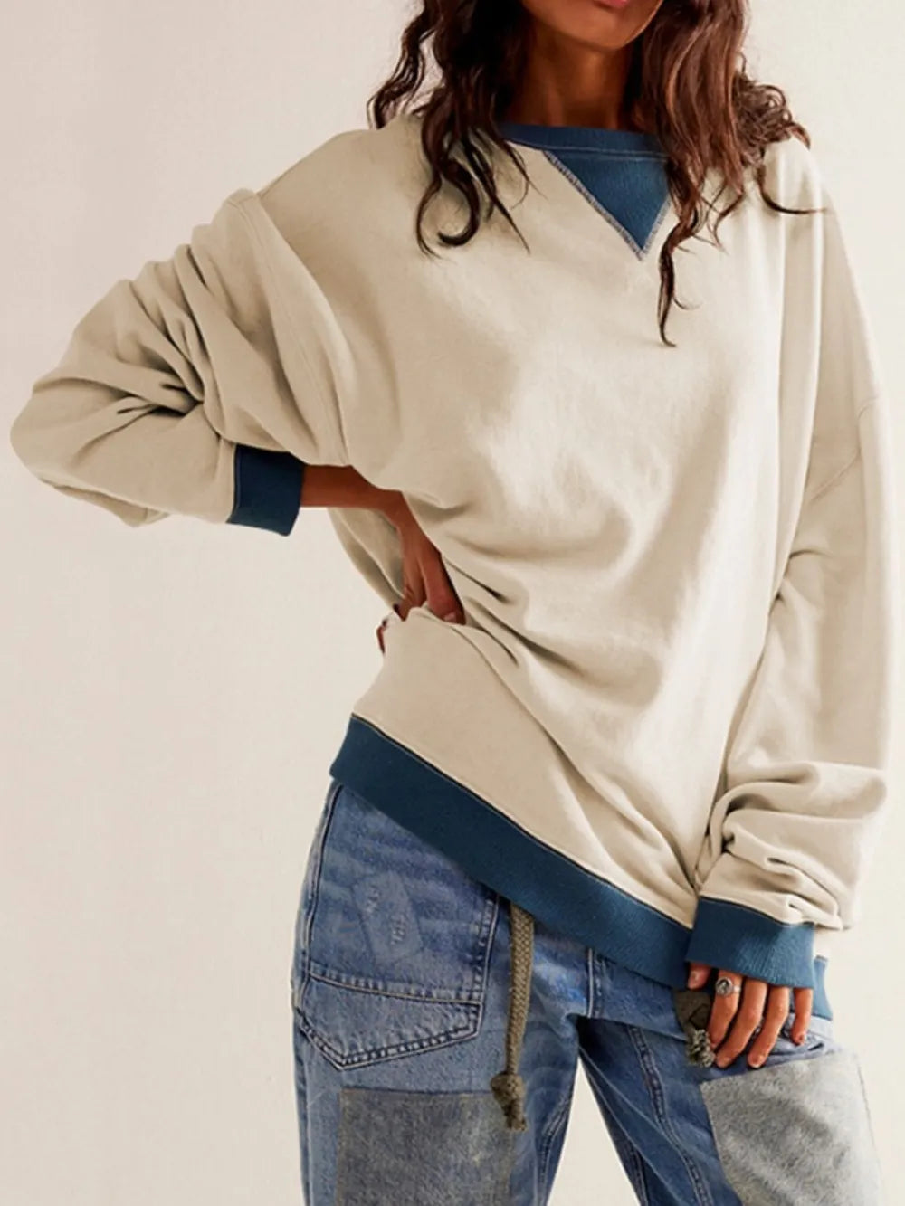 Contrast Dropped Shoulder Long Sleeve Sweatshirt - Korvel