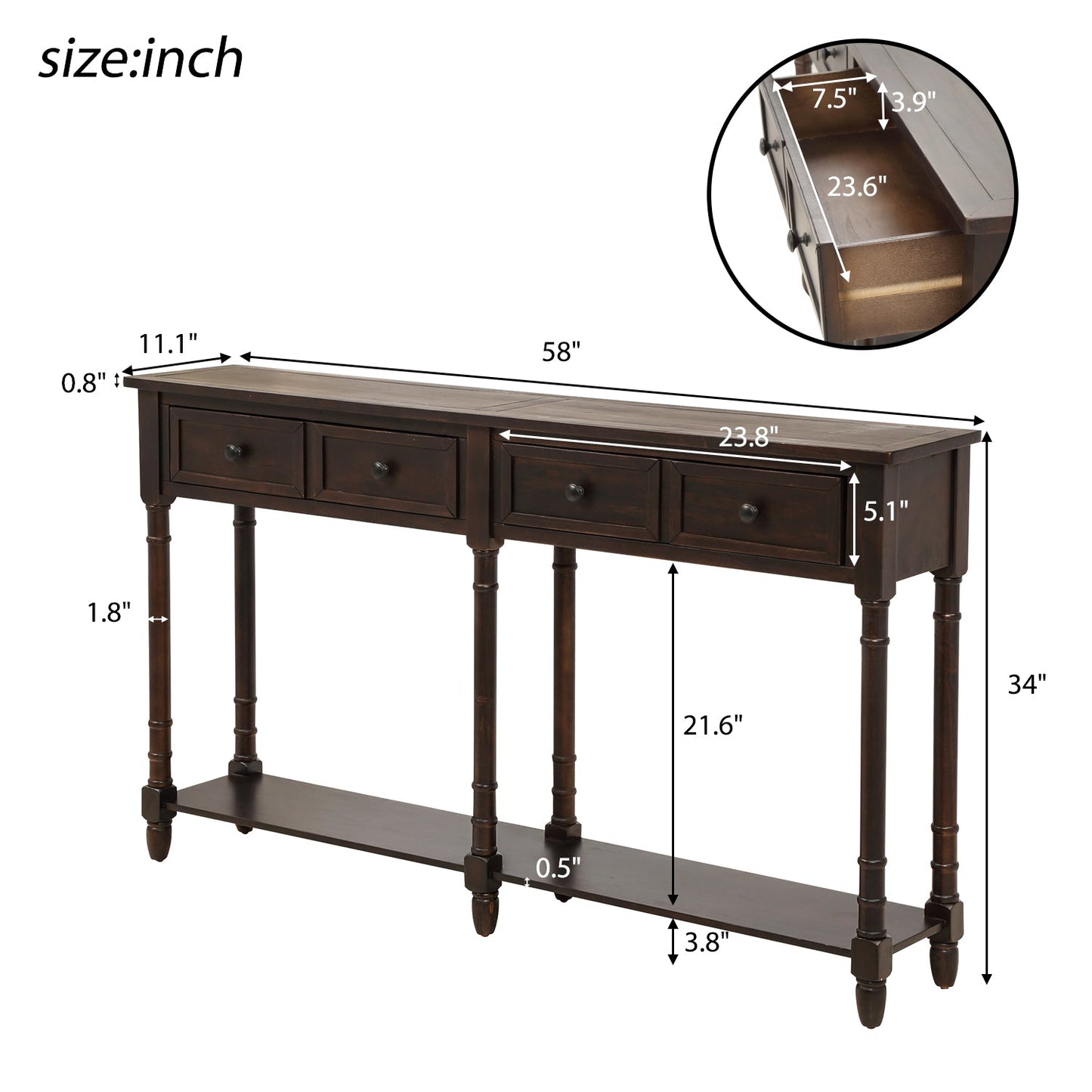 TREXM Espresso Console Table with Storage Drawers
