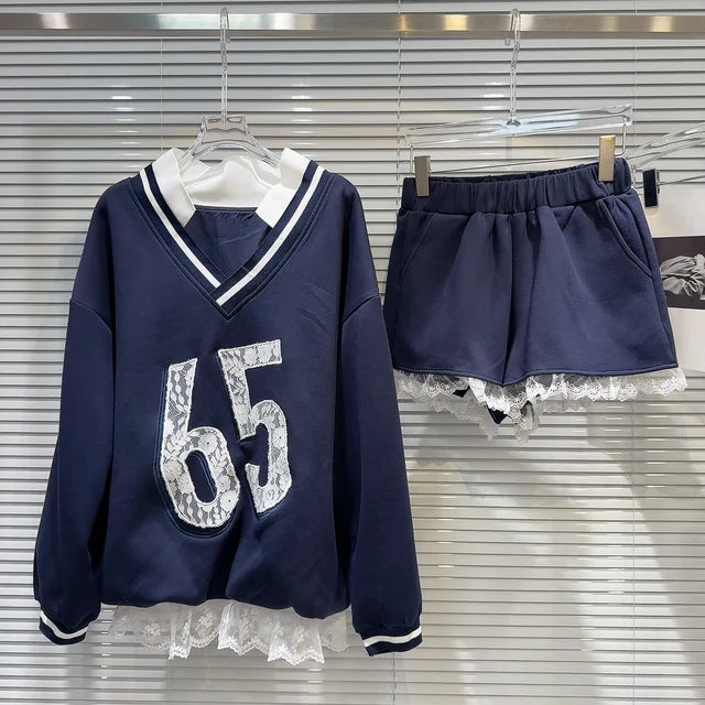 Conjunto de Sudadera con Cuello en V y Pantalones Cortos con Encaje para Mujeres Otoñales