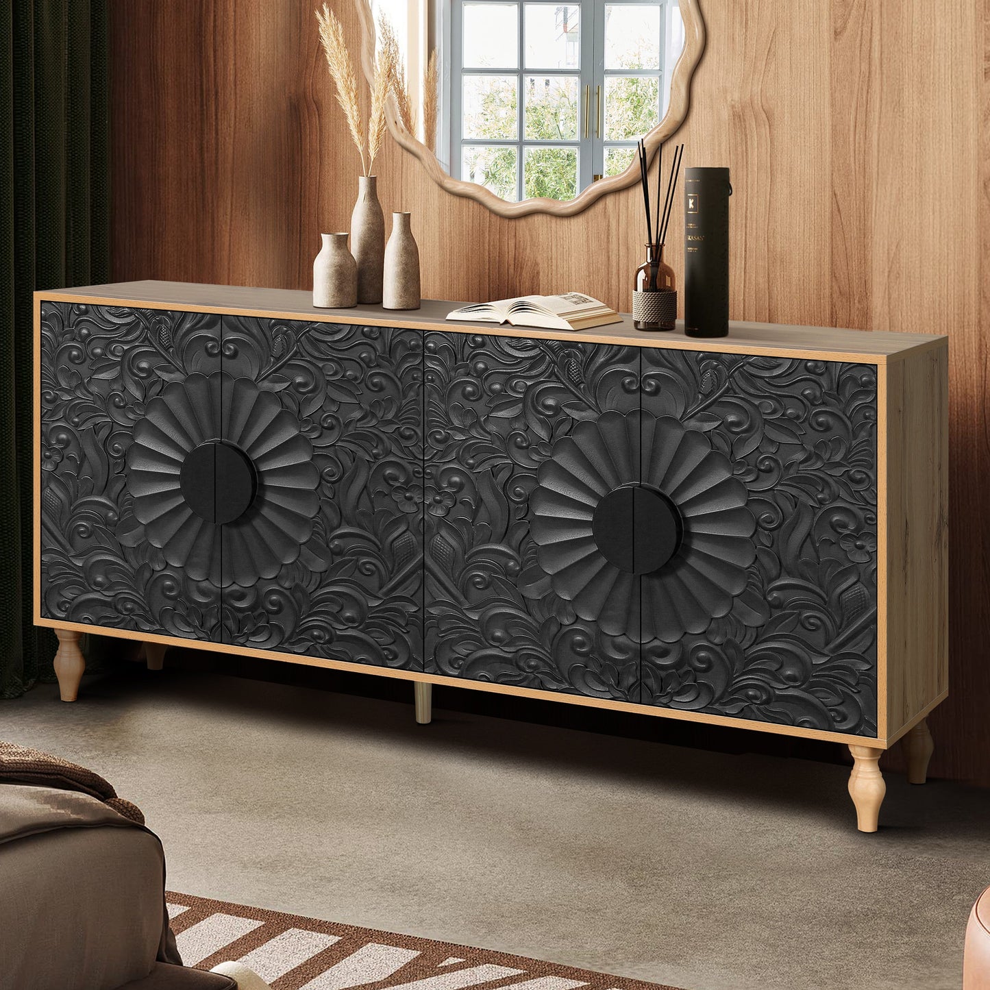 Black Carved Symmetrical Design Door And Wood Coloured Frame For TV Stand Table,Living Room ,Entryway - Korvel