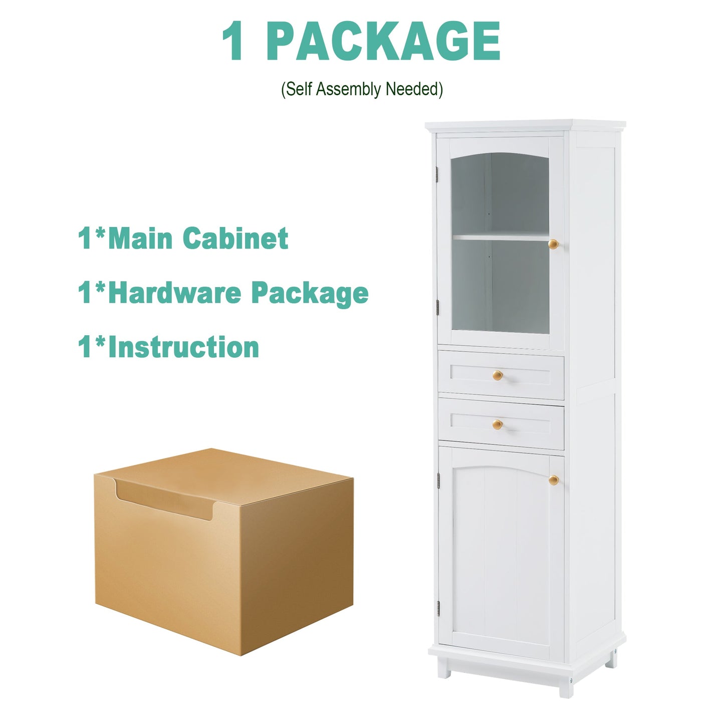 High bathroom storage cabinet with glass door, freestanding, two drawers and adjustable shelves, MDF board, painted white - Korvel