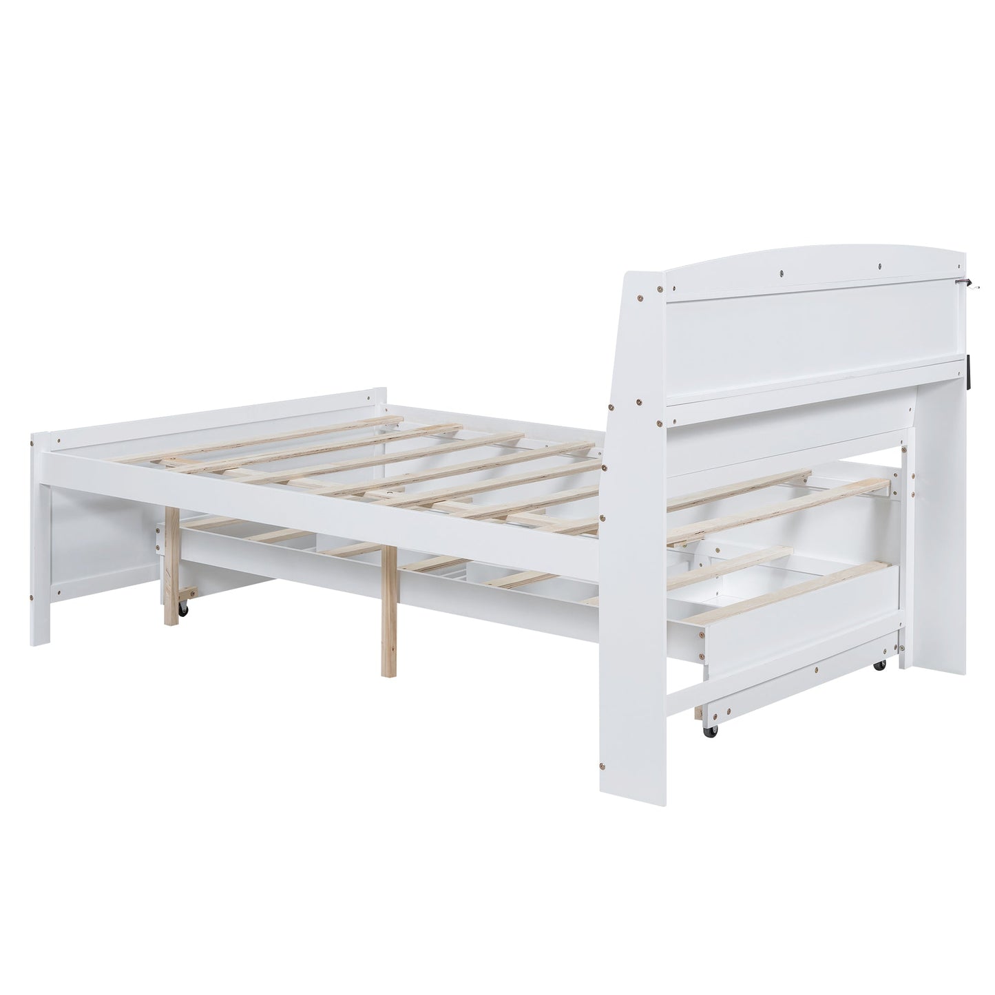 Full Size Platform Bed with Storage LED Headboard  Twin Size Trundle and 3 Drawers White - Korvel