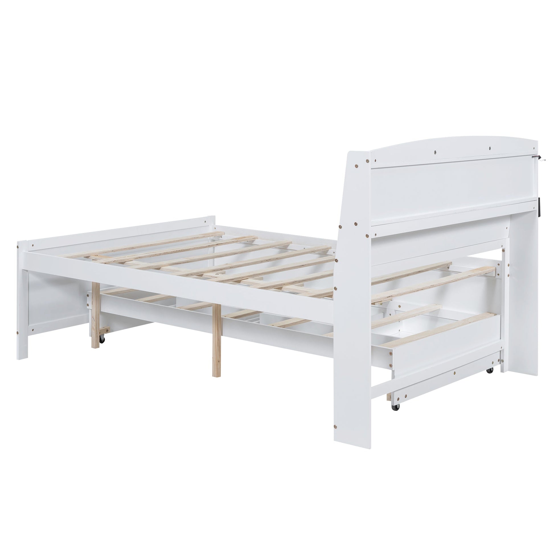 Full Size Platform Bed with Storage LED Headboard  Twin Size Trundle and 3 Drawers White - Korvel