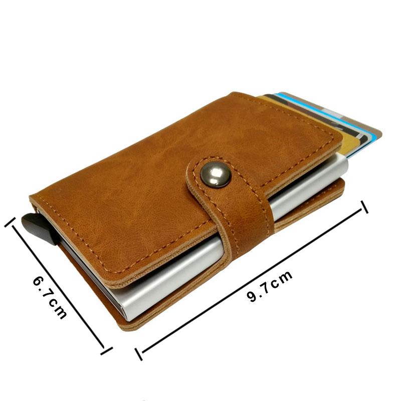 RFID Protected Vintage Automatic Leather Credit Card Holder Men Aluminum Alloy Hasp Business ID Multifunction Cardholder Wallet - Korvel
