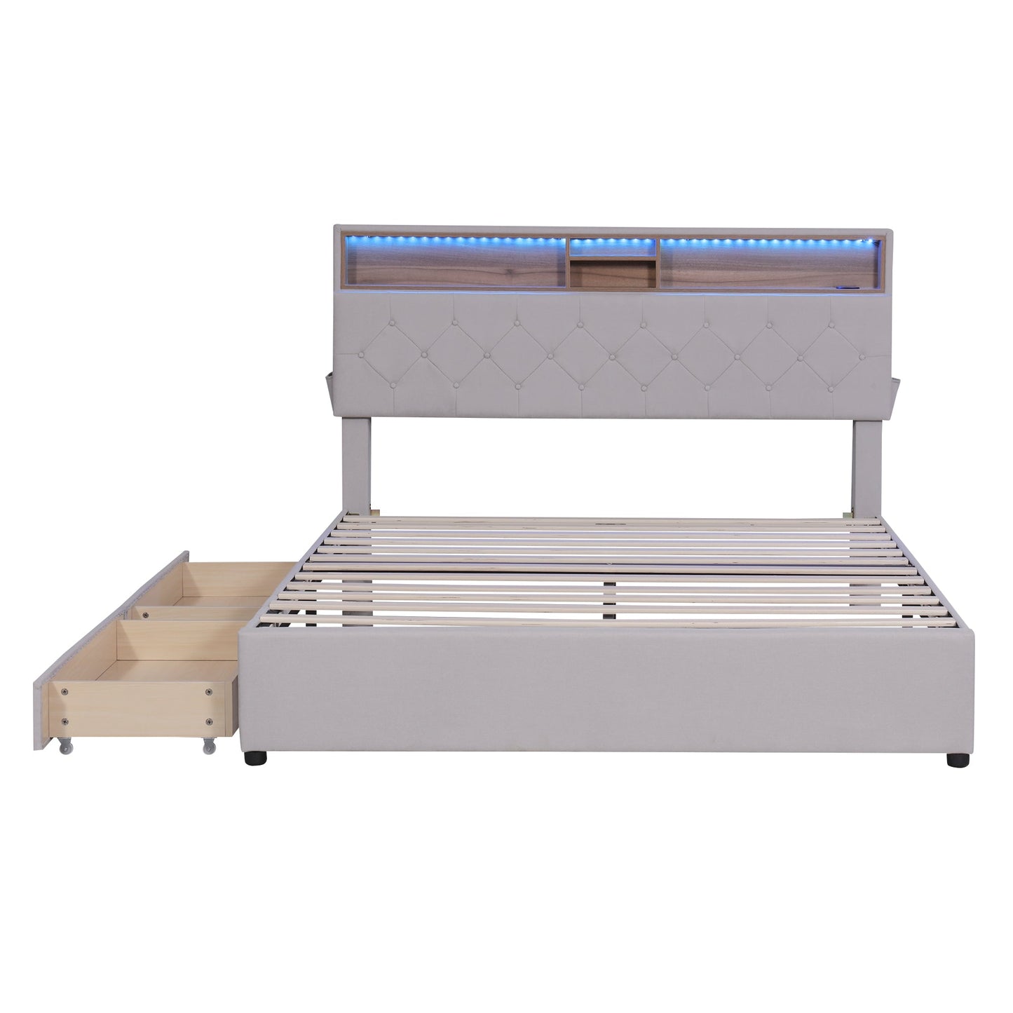 Queen Size Upholstered Platform Bed with Storage Headboard  LED  USB Charging and 2 Drawers  Beige - Korvel