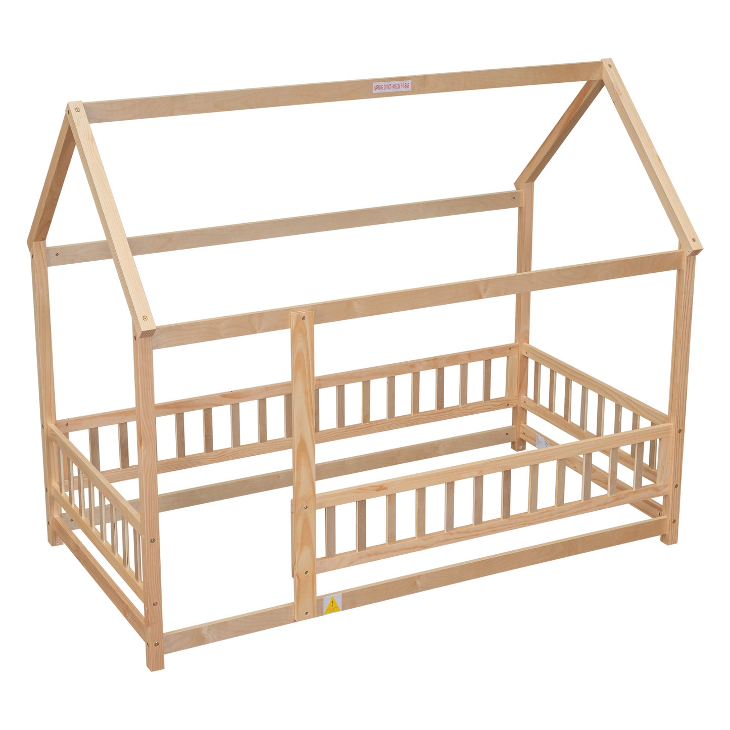 Lit en bois taille twin avec cadre de toit de maison et barrières de sécurité