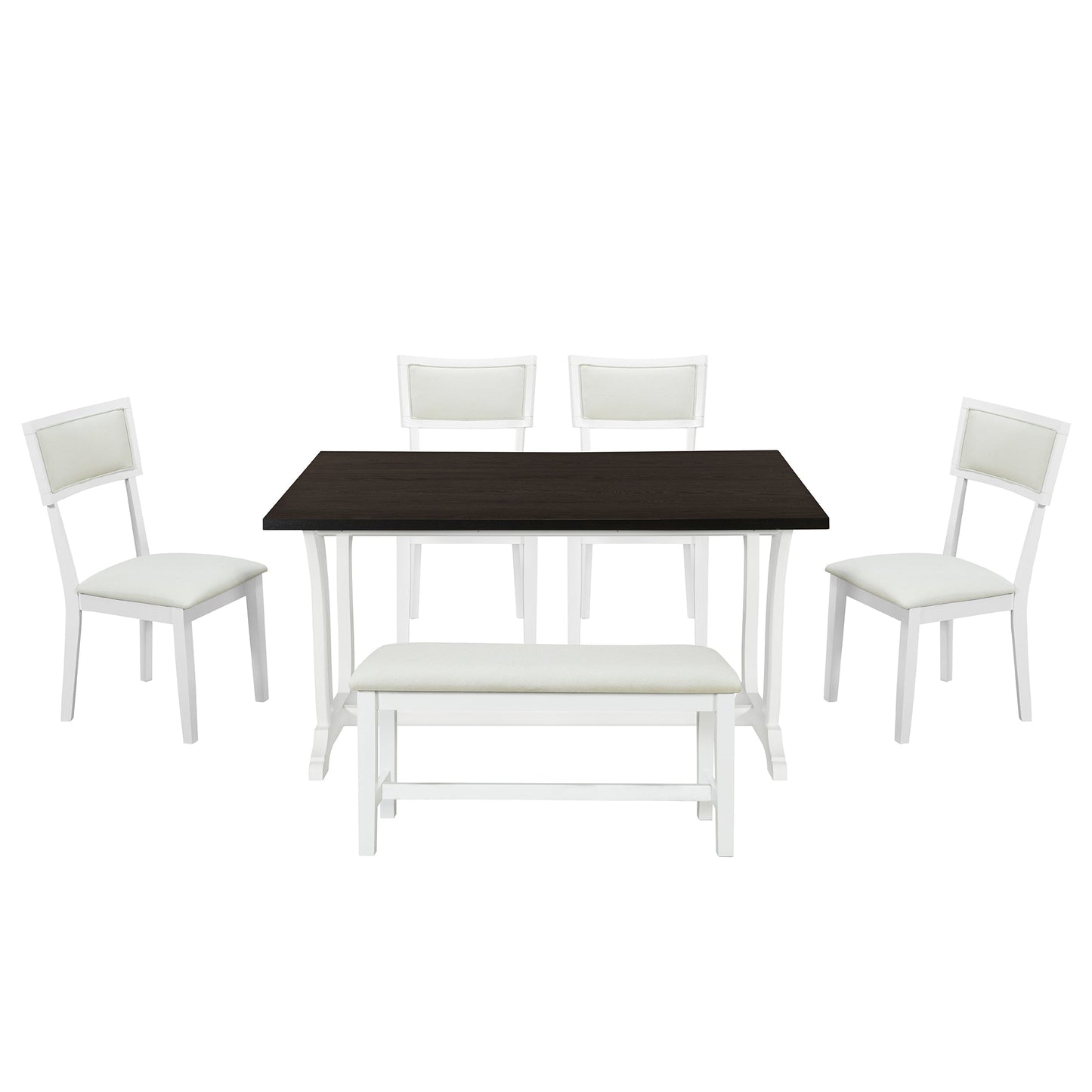 TOPMAX Farmhouse 6-Piece Trestle Dining Table Set with Upholstered Dining Chairs and Bench  59inch, White - Korvel