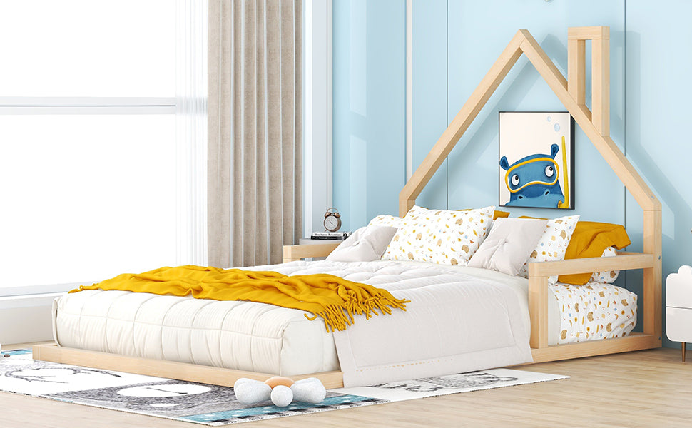 Full Size Wood Floor Bed with House-shaped Headboard  Natural - Korvel