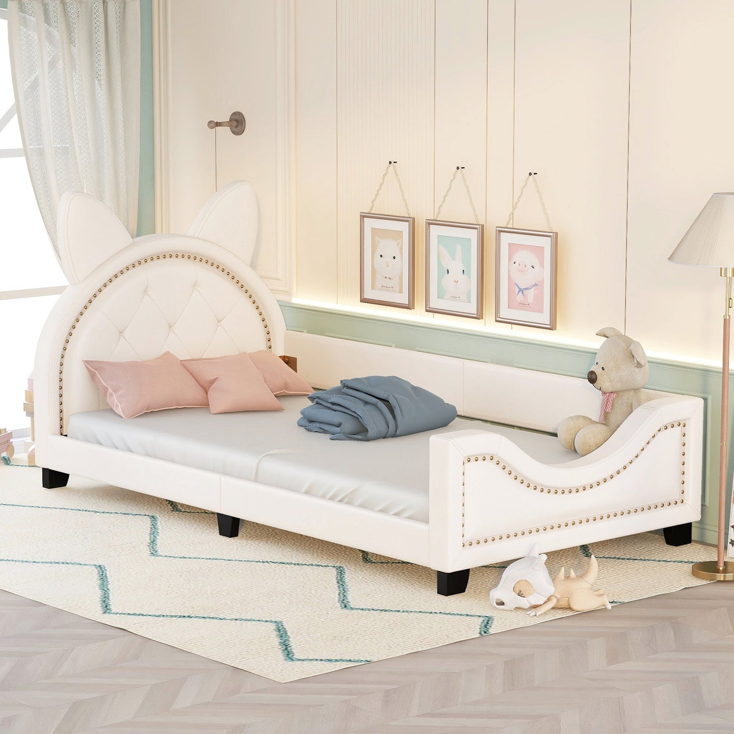 Twin Size Upholstered Daybed with Carton Ears Shaped Headboard  White - Korvel