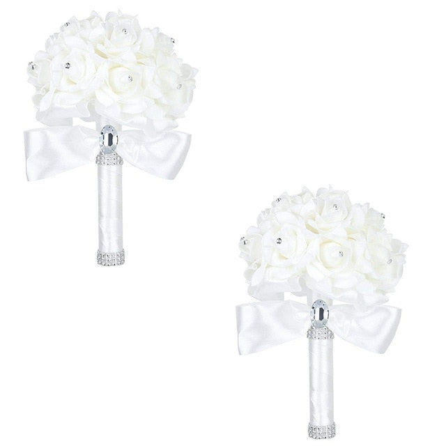 White Ivory Bridal Bridesmaid Flower Wedding Bouquet Artificial Flower Rose Bouquet Crystal Bridal Bouquets - Korvel