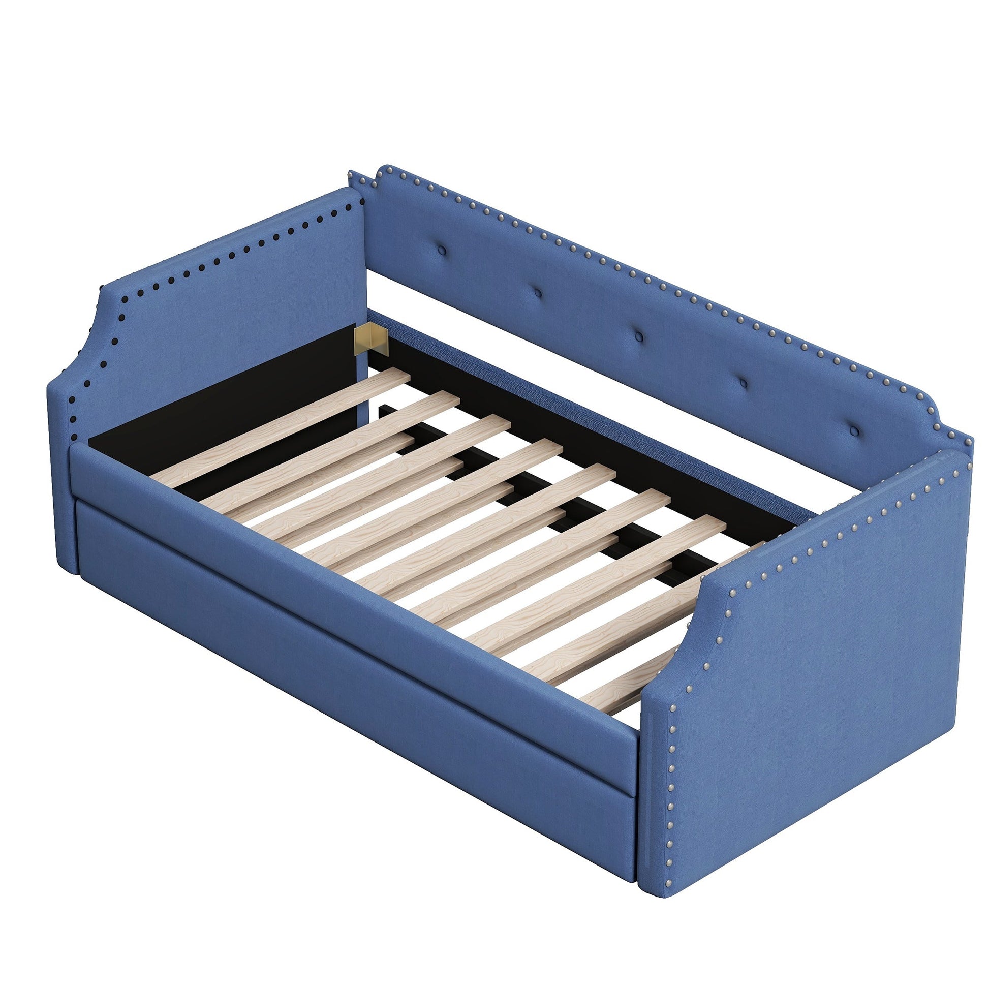 Upholstered Daybed with Trundle, Wood Slat Support,Upholstered Frame Sofa Bed Twin Blue - Korvel