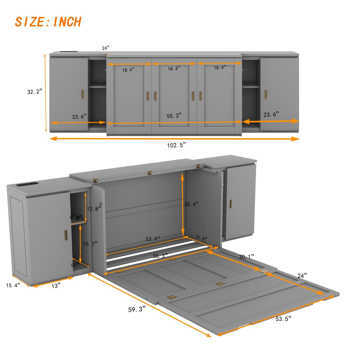 Full Size Murphy Bed with Shelves and USB Ports - Gray