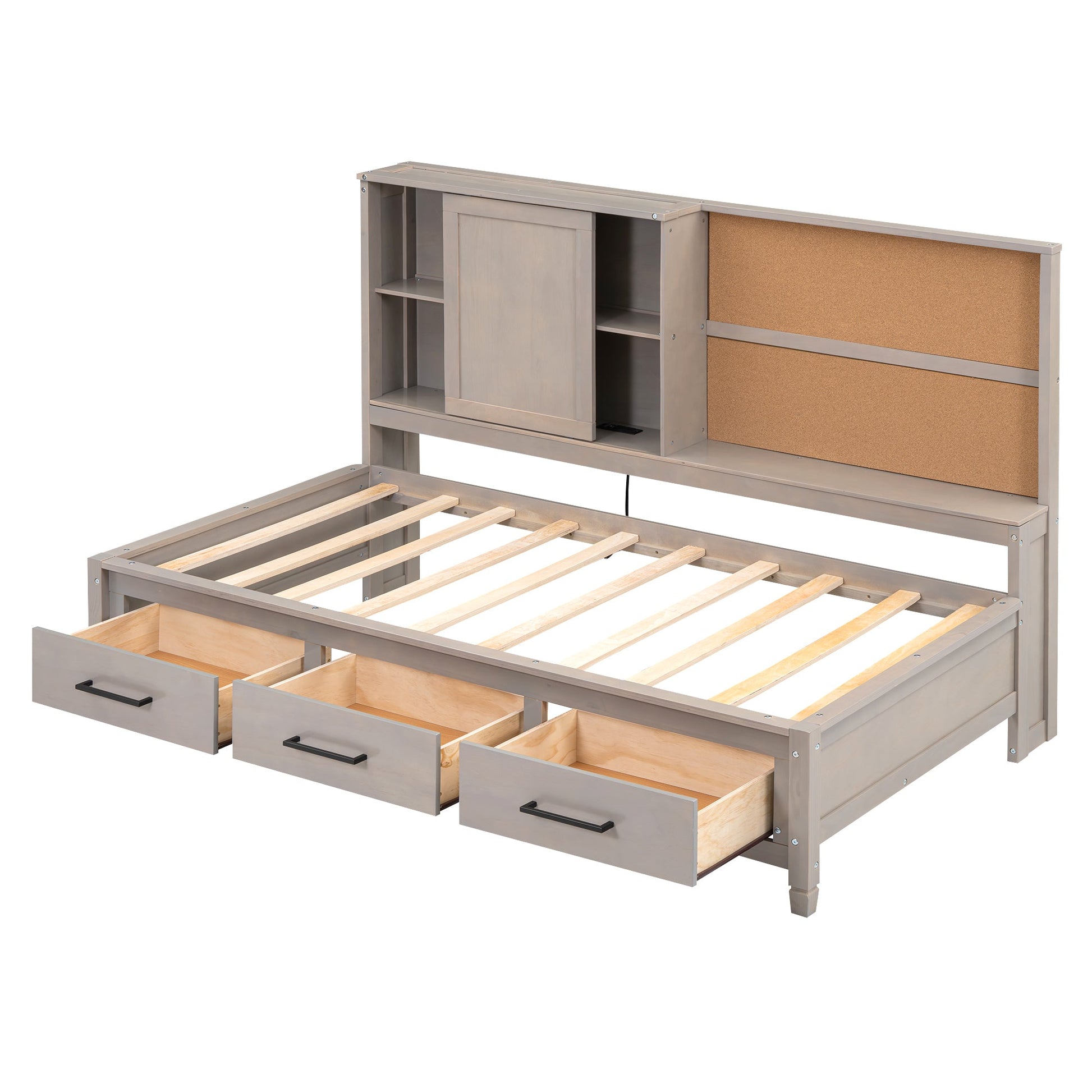 Twin Size Lounge Daybed with Storage Shelves, Cork Board, USB Ports and 3 Drawers, Antique Gray - Korvel