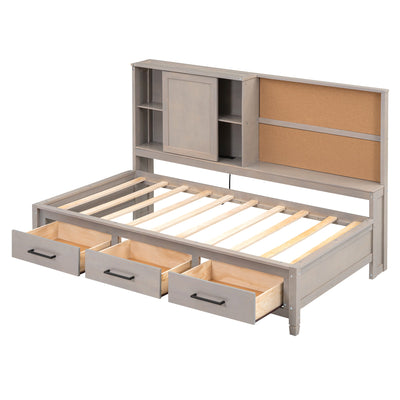 Twin Size Lounge Daybed with Storage Shelves, Cork Board, USB Ports and 3 Drawers, Antique Gray - Korvel
