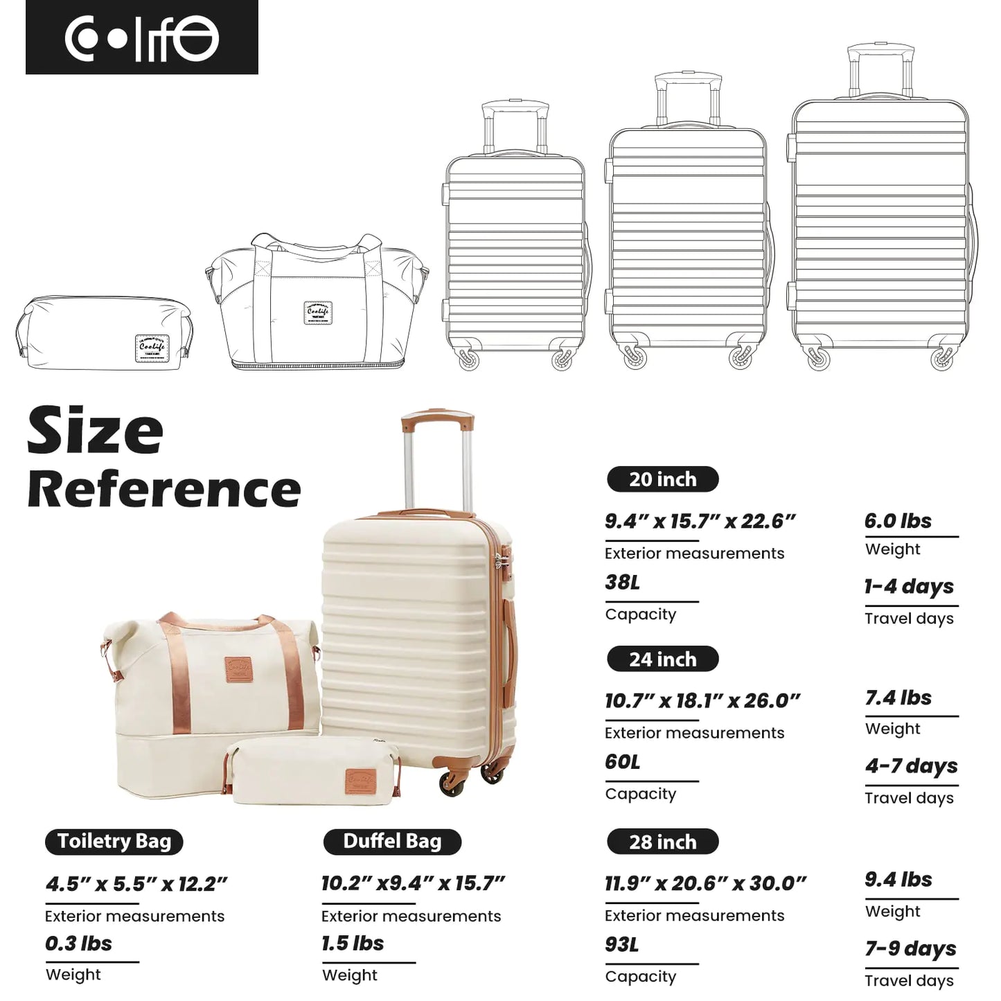 Ensemble de valises rigides Coolife 3 pièces avec verrou TSA - Rose