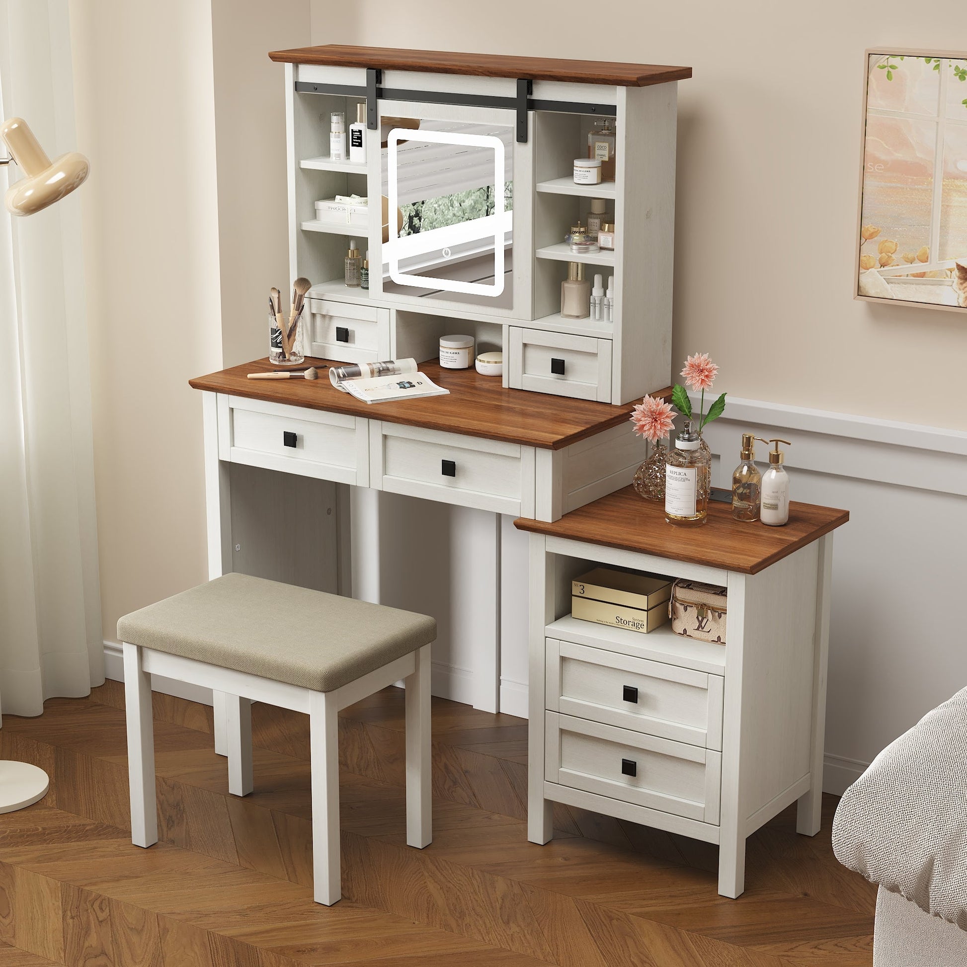 46.5-inch dressing table with adjustable LED lighting mirror and charging station, equipped with soft cushioned stool - Korvel
