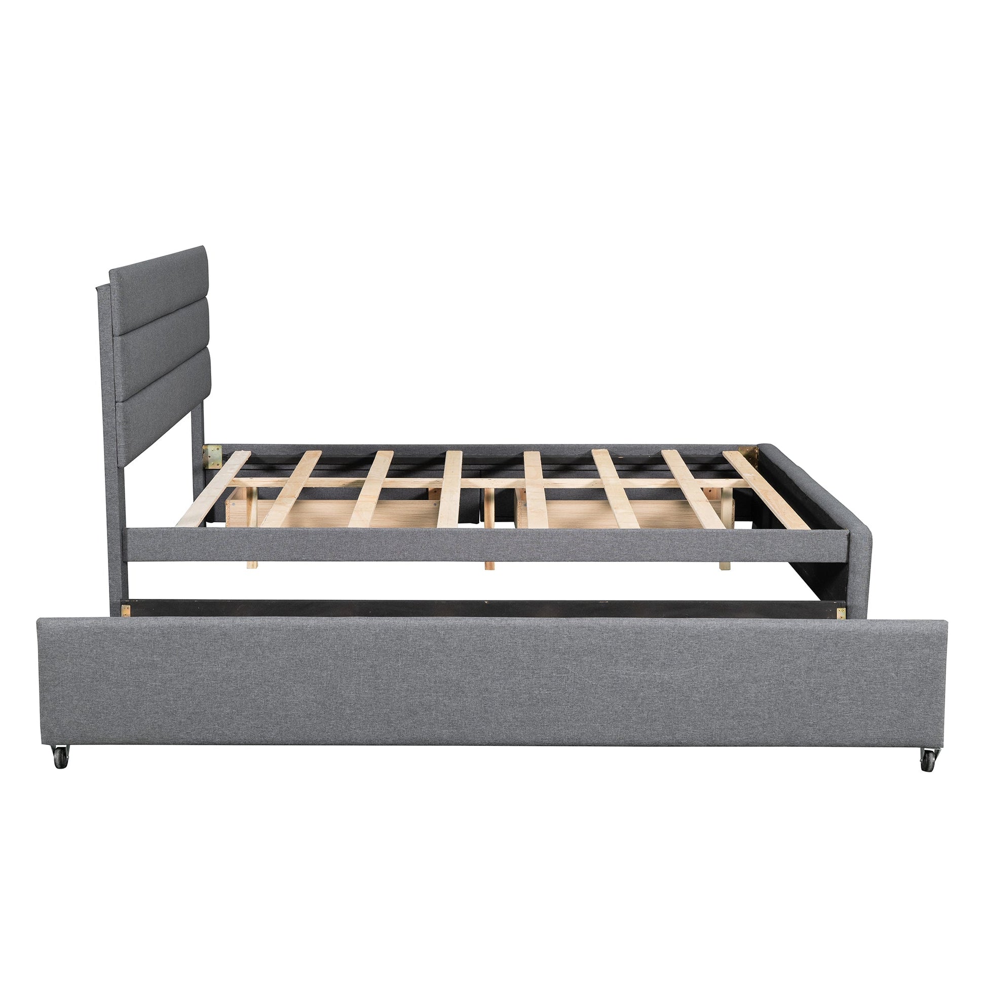 Queen Upholstered Platform Bed with Twin Size Trundle and Two Drawers Grey - Korvel