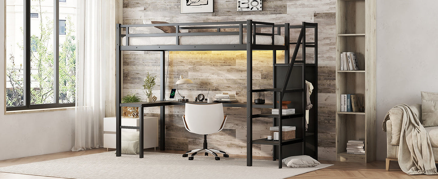 Twin XL Metal Loft Bed with L-shaped Desk and USB