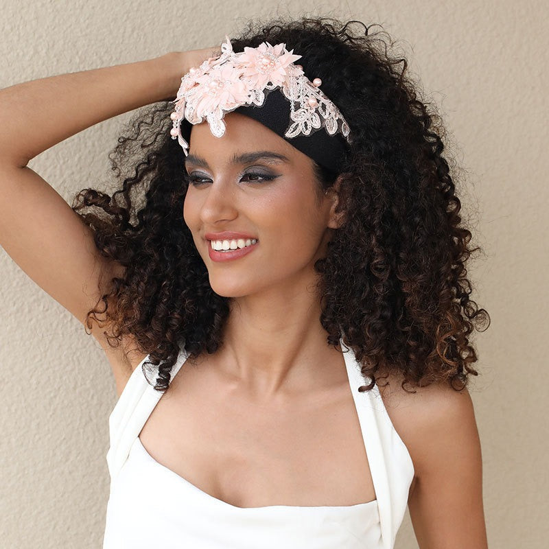 Hand embroidered three-dimensional simulation crystal flower headband pearl headband - Korvel