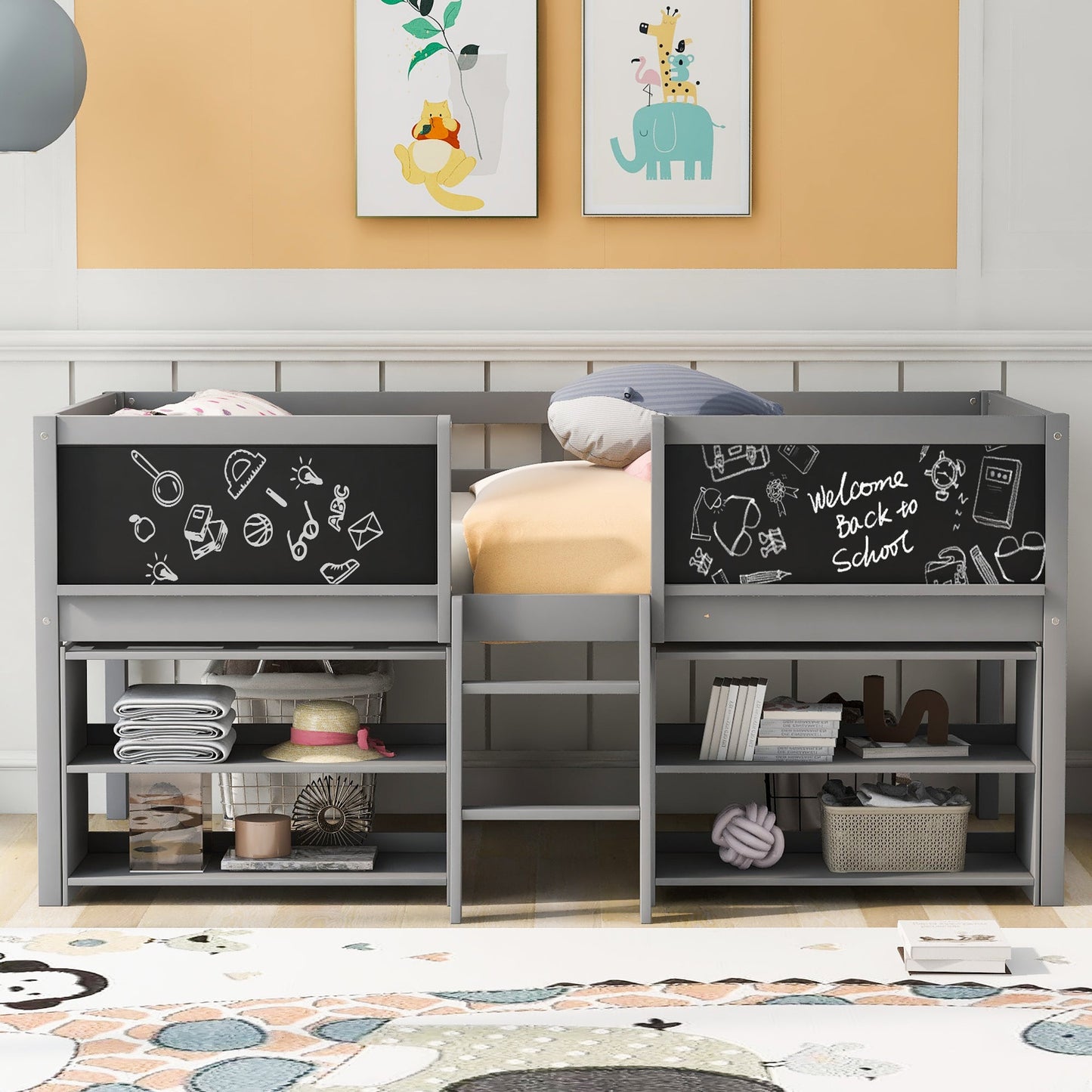Twin Size Low Loft Bed with Two Movable Shelves and Ladder,with Decorative Guardrail Chalkboard,Gray - Korvel