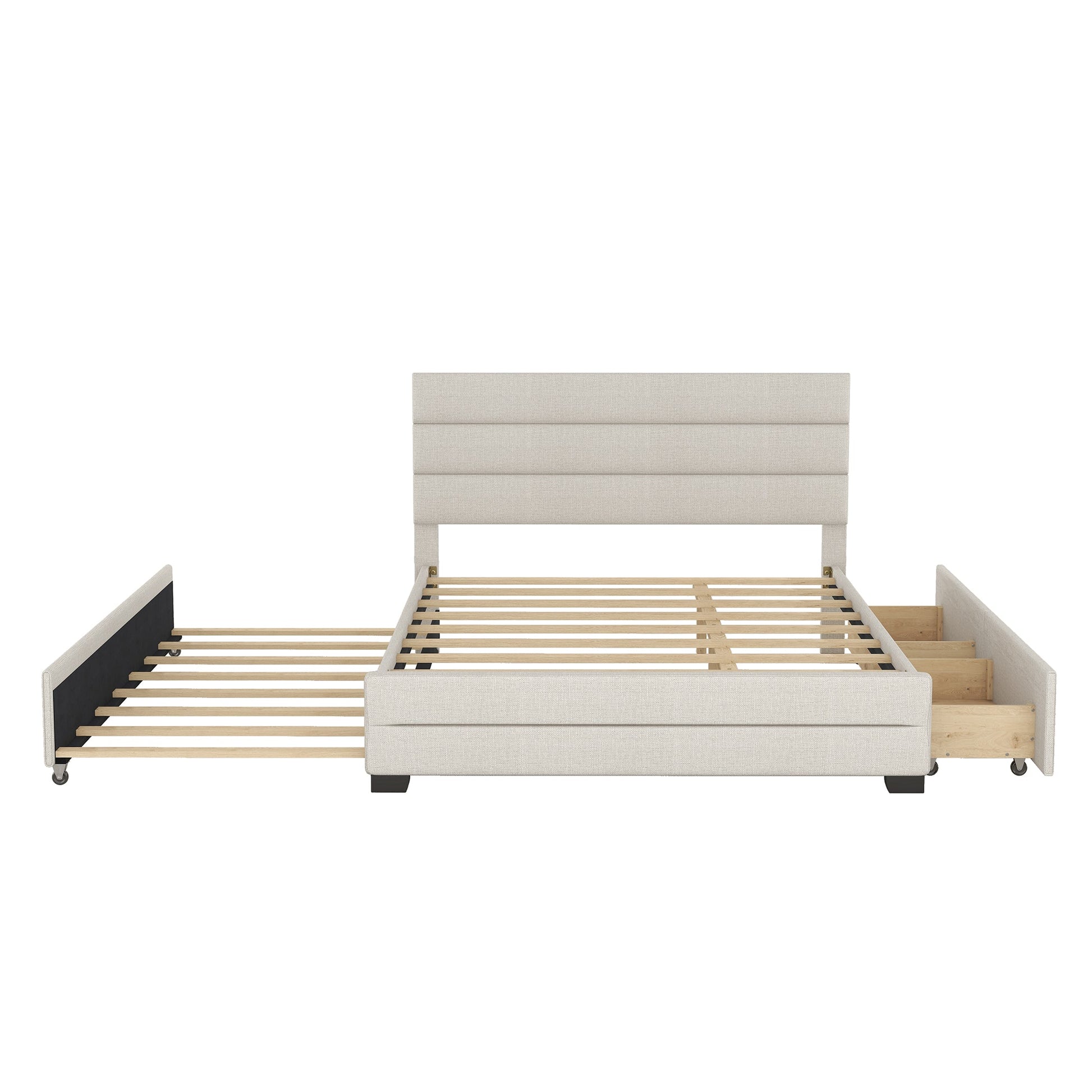 Queen Upholstered Platform Bed with Twin Size Trundle and Two Drawers  Beige - Korvel