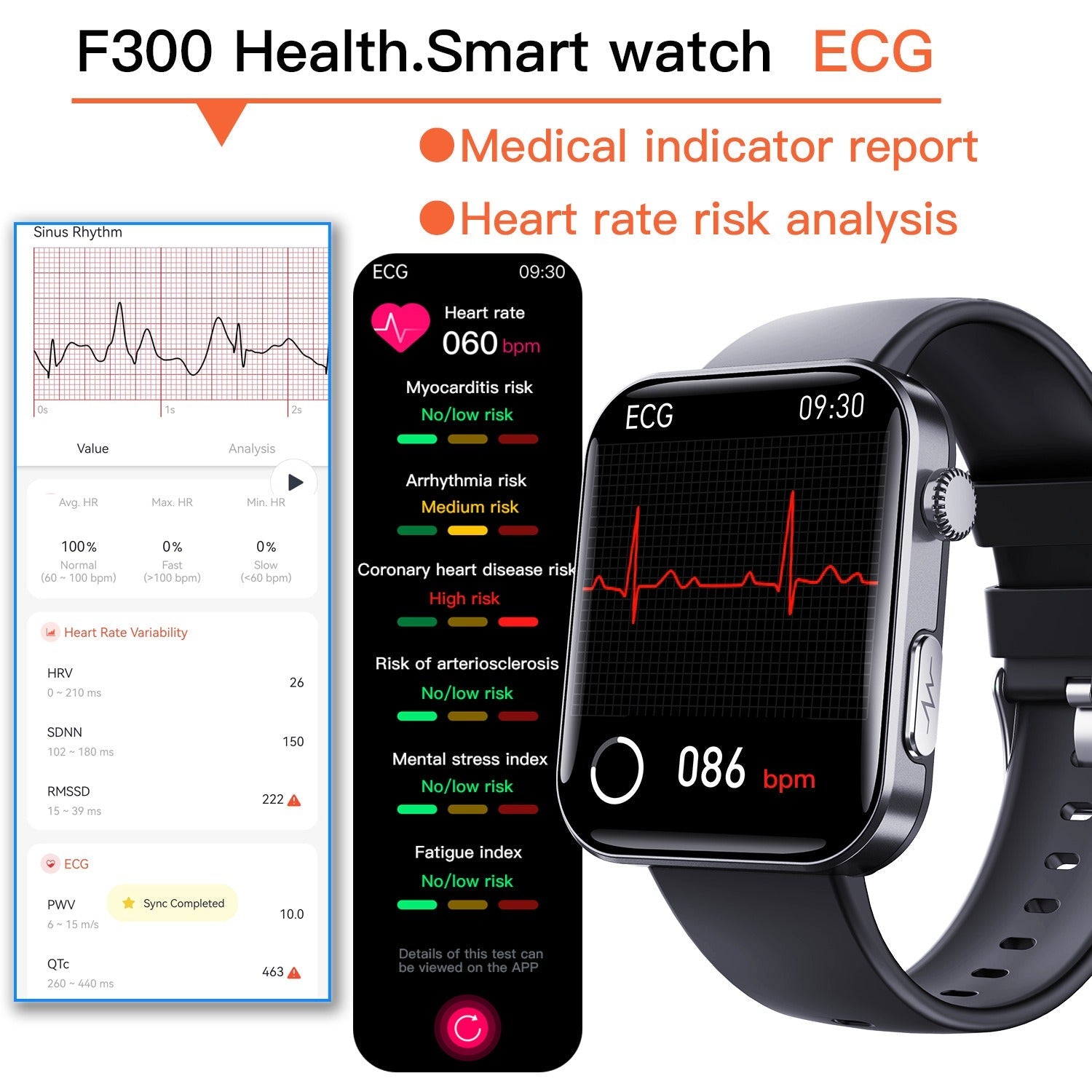 F300 smartwatch ECG electrocardiogram monitoring SOS fall alarm blood glucose and blood pressure watch HRV report - Korvel