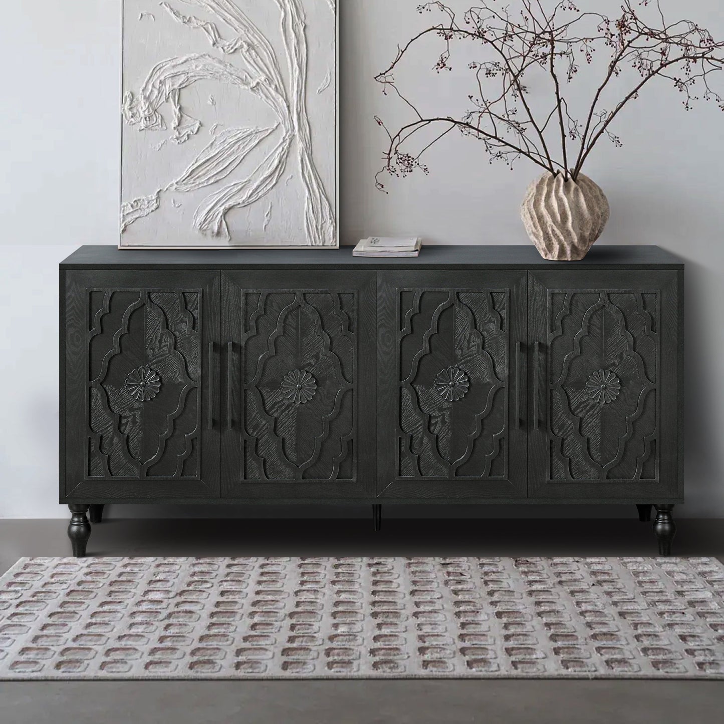 Carved Flower Door Large Storage Cabinet With Metal Handle Suitable For Living Room, Kitchen, Entryway(BLACK) - Korvel