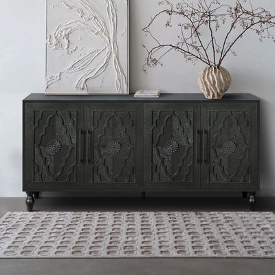 Carved Flower Door Large Storage Cabinet With Metal Handle Suitable For Living Room, Kitchen, Entryway(BLACK) - Korvel