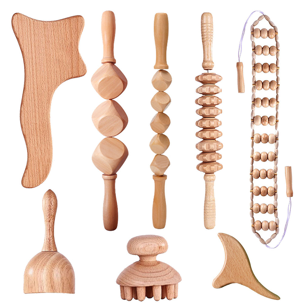 Beech wood therapy scraping cup, meridian dredging roller, tendon rolling stick, scraping board, head massager, massage set - Korvel