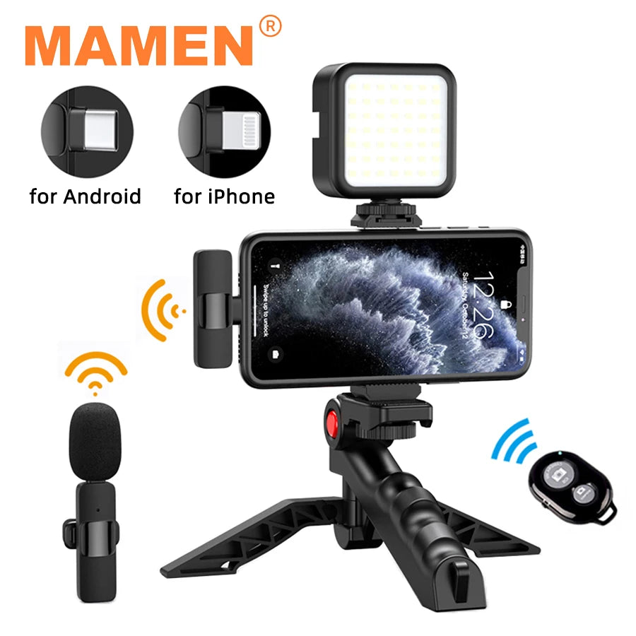 MAMEN Wireless Vlogging Kit Phone Tripod with Lavalier Microphone LED Light for iPhone Android Smartphone Live Streaming Toolkit - Korvel