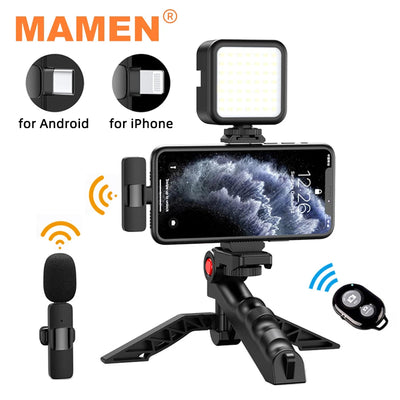 MAMEN Wireless Vlogging Kit Phone Tripod with Lavalier Microphone LED Light for iPhone Android Smartphone Live Streaming Toolkit - Korvel