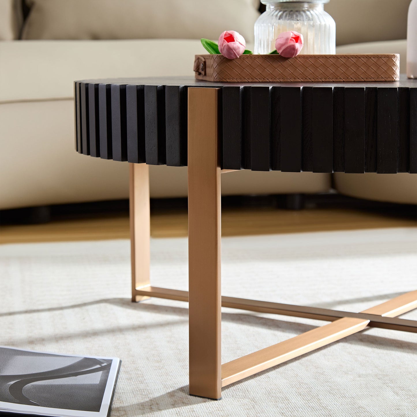 Modern Handcraft Drum Coffee Table 31.5 inch Round Coffee Table for Living Room,Small Coffee Table with Sturdy Pedestal,Black - Korvel