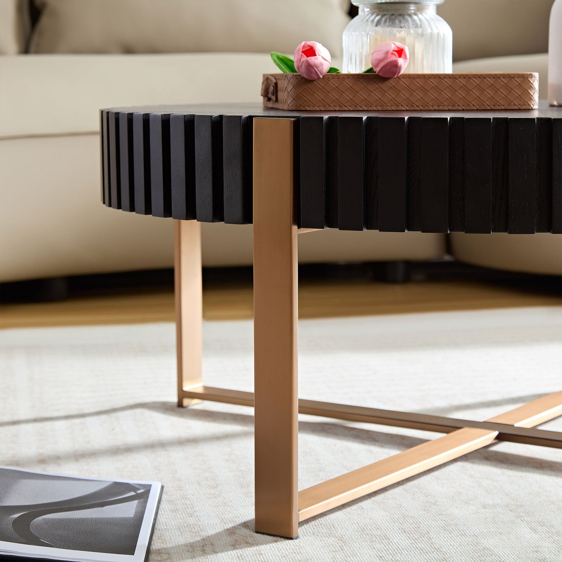 Modern Handcraft Drum Coffee Table 31.5 inch Round Coffee Table for Living Room,Small Coffee Table with Sturdy Pedestal,Black - Korvel
