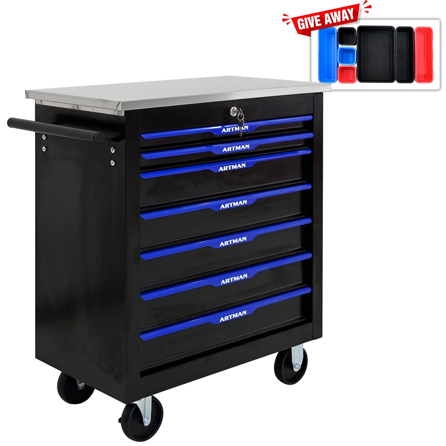 7 DRAWERS MULTIFUNCTIONAL TOOL CART WITH WHEELS-BLACK+BLUE - Korvel